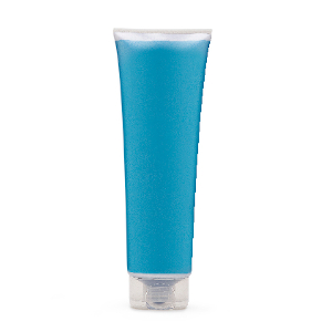 Blue shampoo bottle on white isolated
